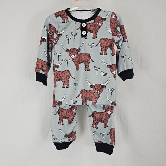 Highland Cow Pajama Blue/gray With Black Trim Brown Cow Print Pajama Set Size 92 - Picture 1 of 5